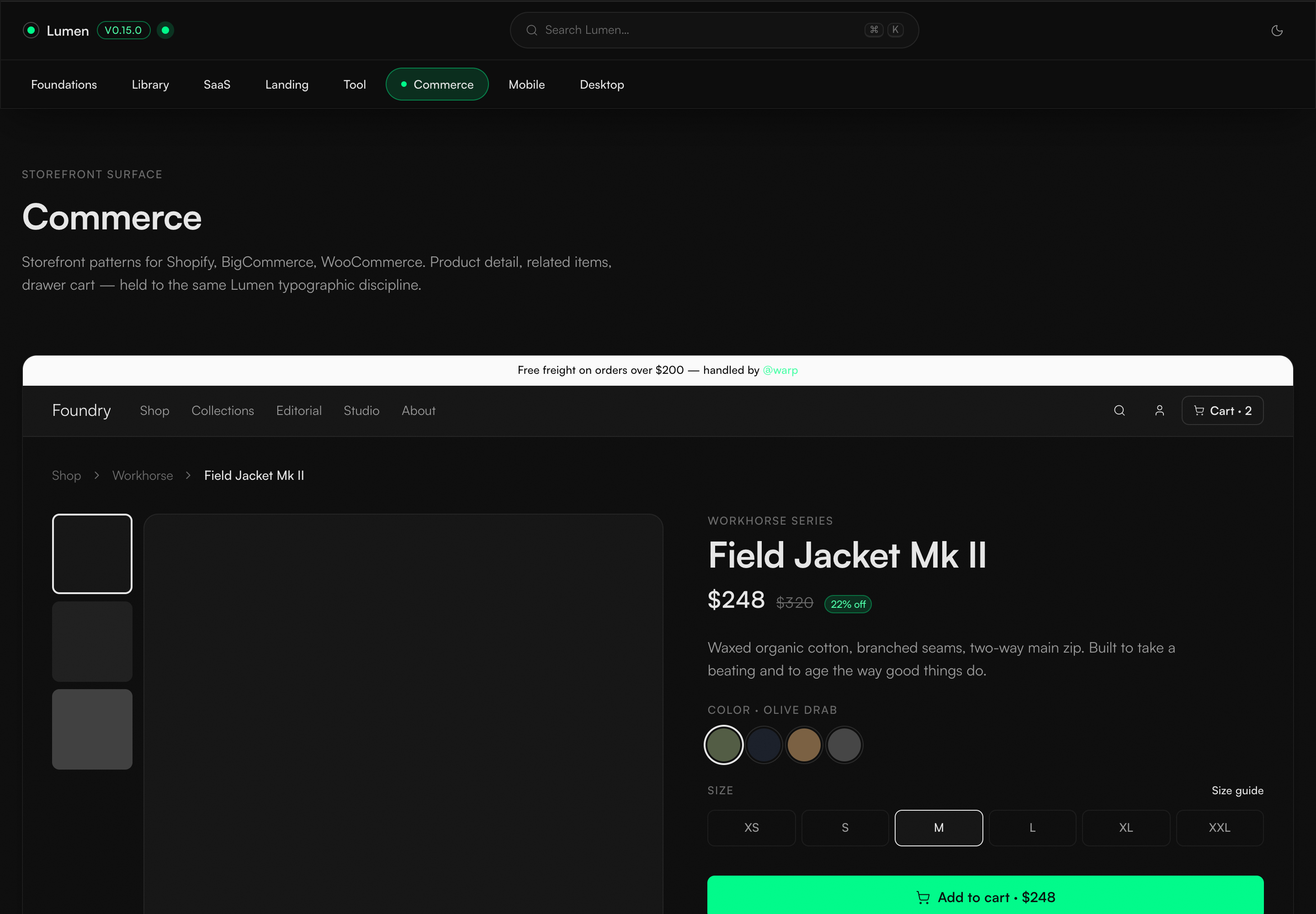 Current dark Lumen product detail page with a thumbnail rail, variant controls, pricing, cart state, and a single emphasized add to cart action.
