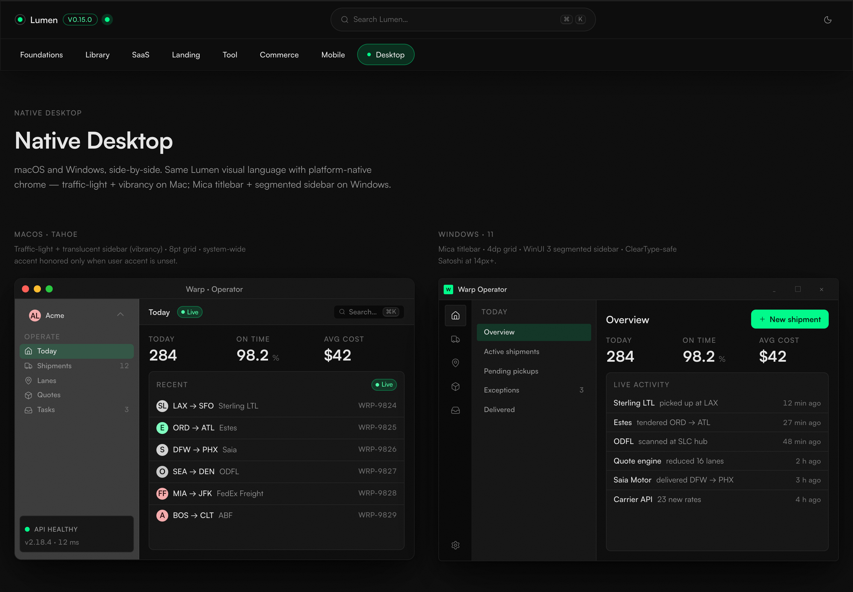 Current dark Lumen Native Desktop route comparing macOS and Windows operator windows with interface chrome tailored to each platform, navigation, metrics, and live activity.