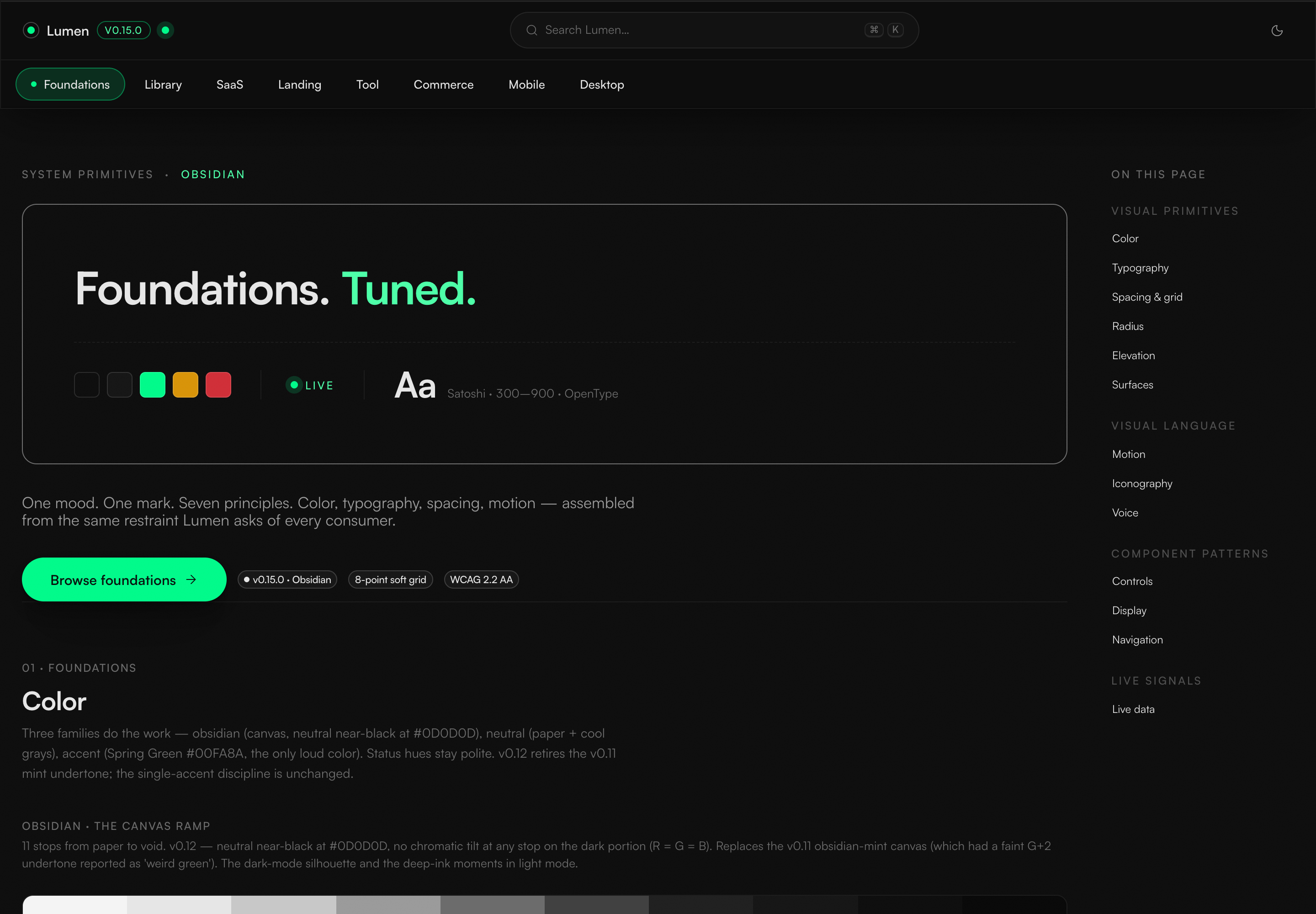 Current dark Lumen Foundations page with the Tuned system statement, palette, live status signal, typography specimen, navigation, and page index.