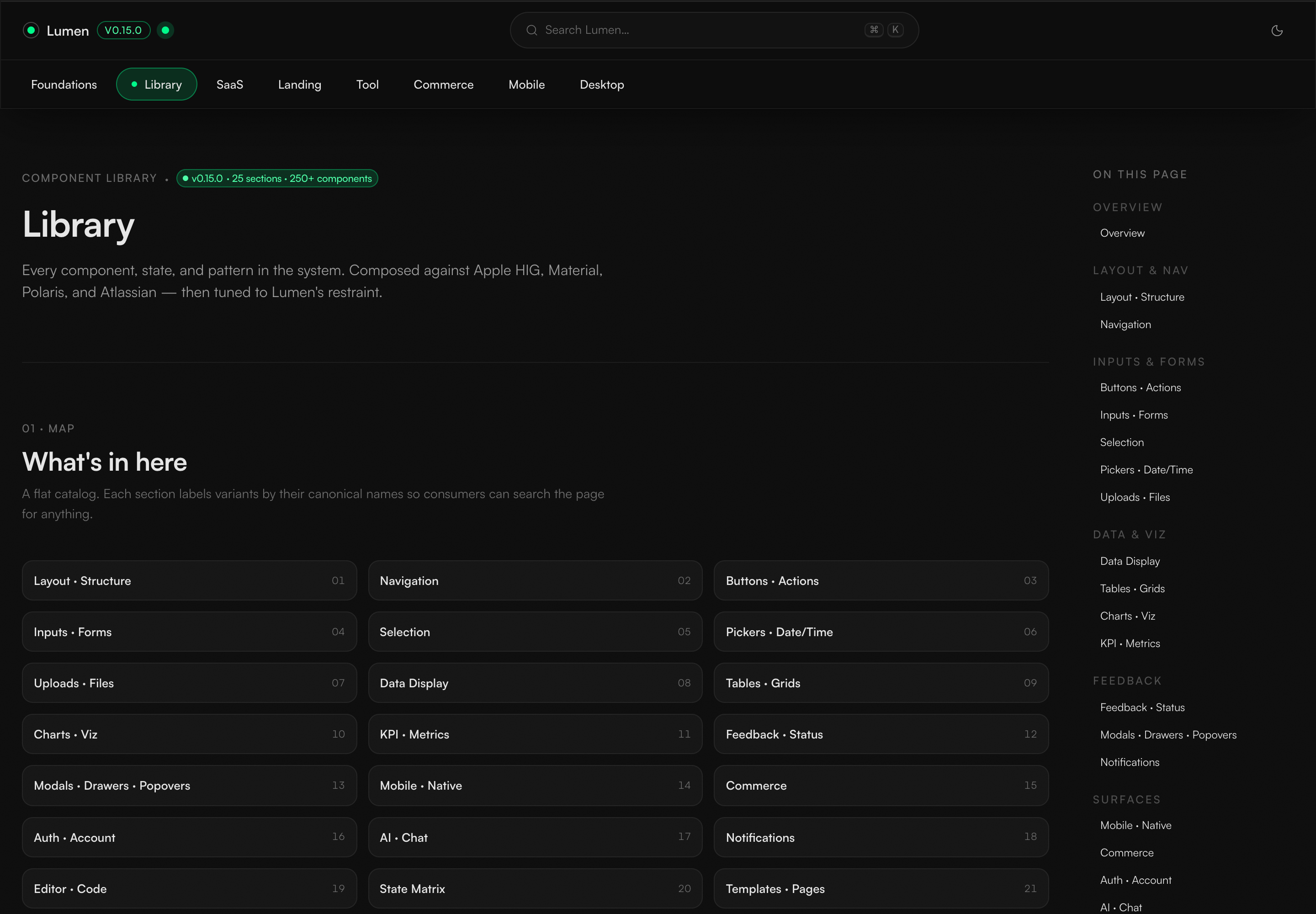 Current dark Lumen Library route with a searchable component catalog, numbered category map, version and scope badge, and navigation within the page