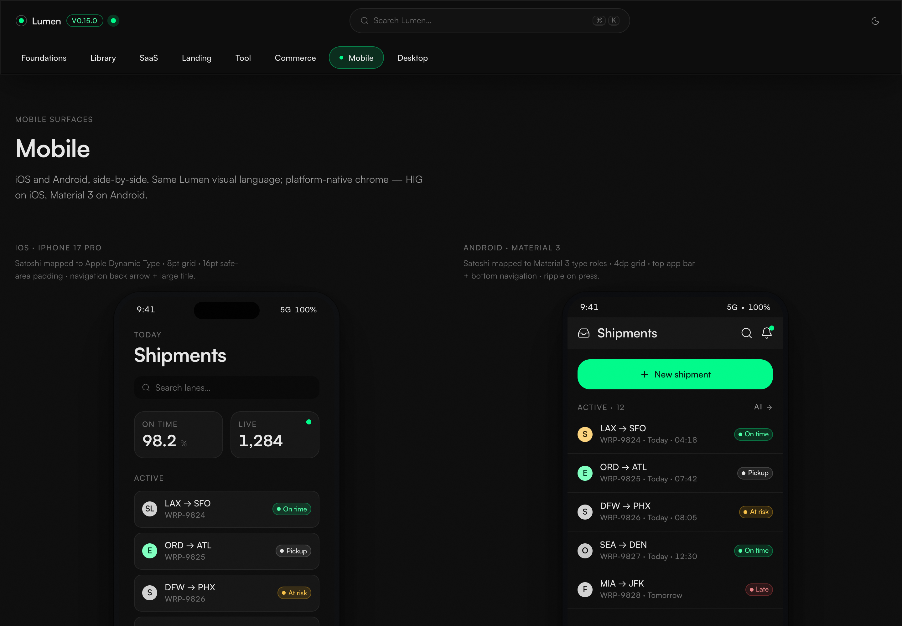 Current dark Lumen Mobile route comparing iOS and Android shipment screens, with interface chrome tailored to each platform and shared status hierarchy.