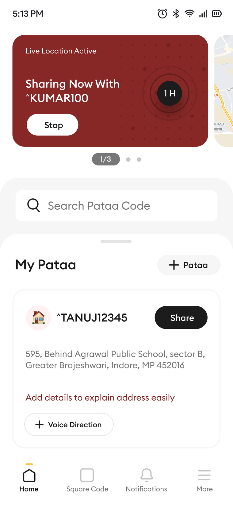 Prominent active state for live location sharing.