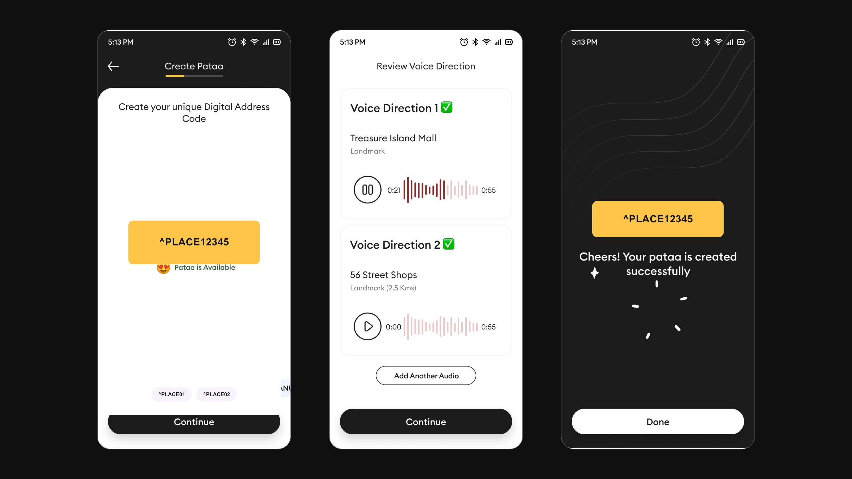 Pataa address creation flow across code, voice, and completion screens