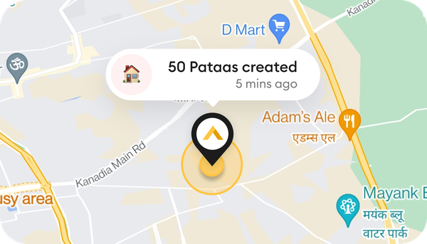 Map activity toast showing 50 Pataas created five minutes ago above a location pin.