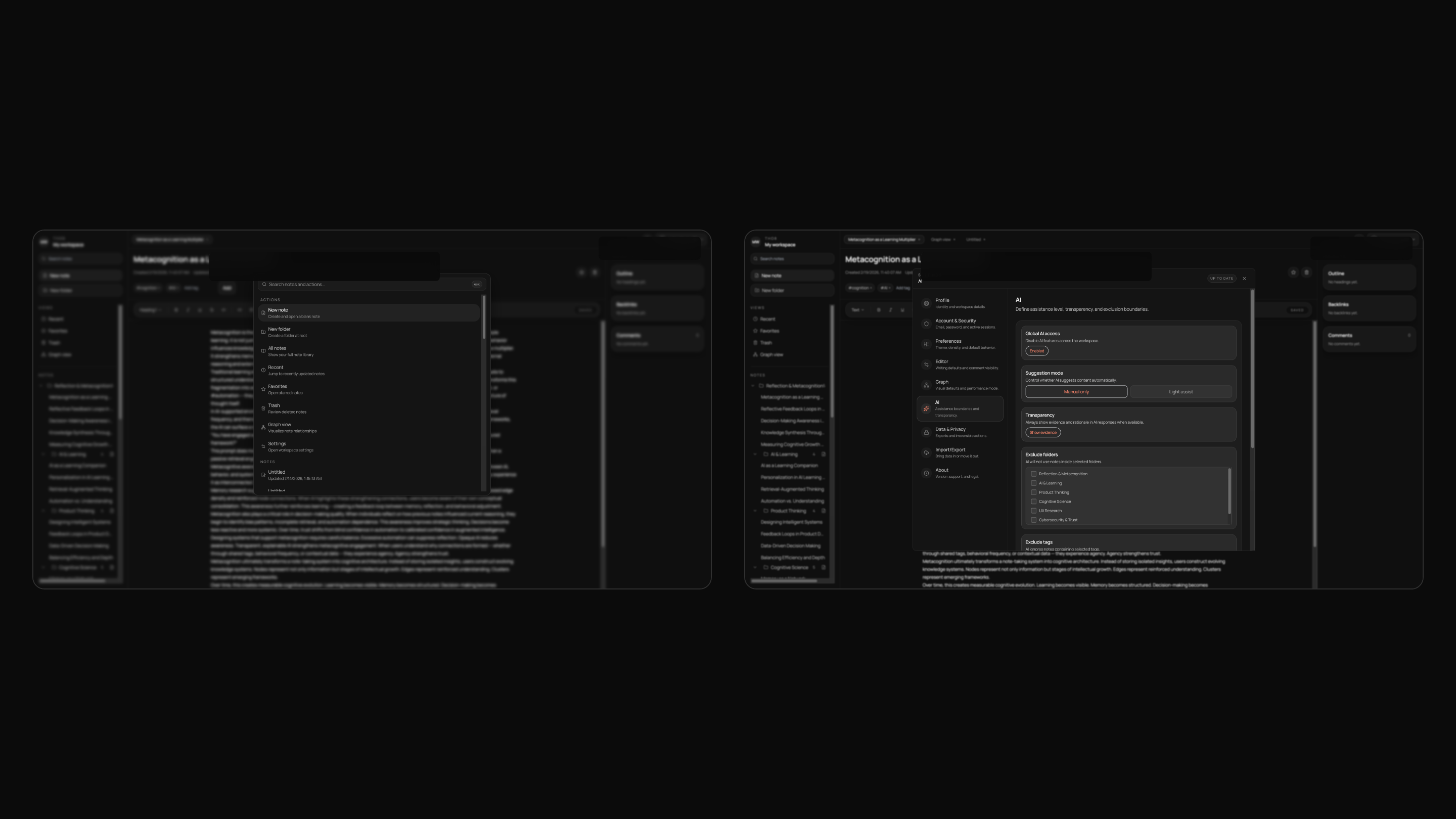 Tho8 keyboard command palette beside AI assistance, transparency, and exclusion controls.