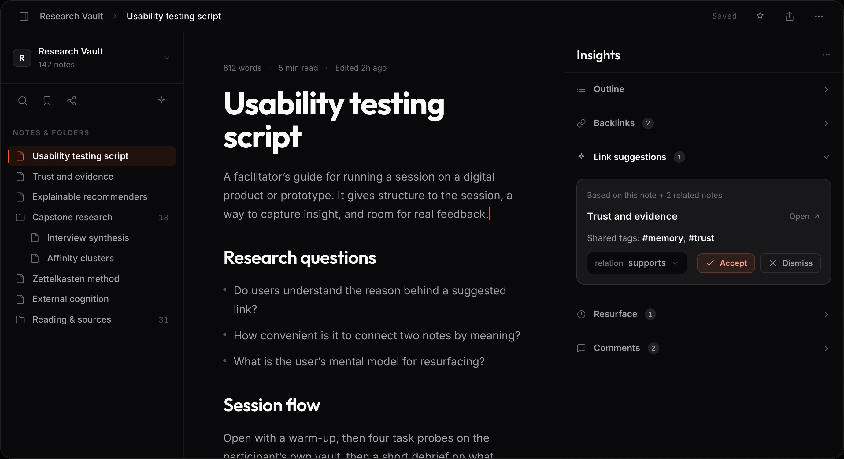 Tho8 workspace with a library, active note, and contextual Insights rail.