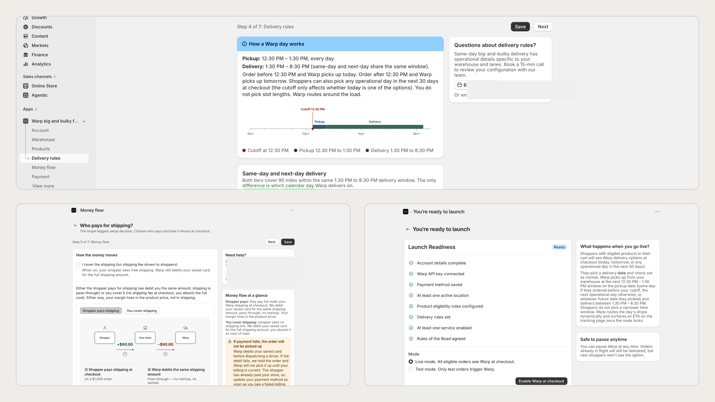 Warp Big & Bulky delivery rules, money flow with no markup, and launch readiness states.