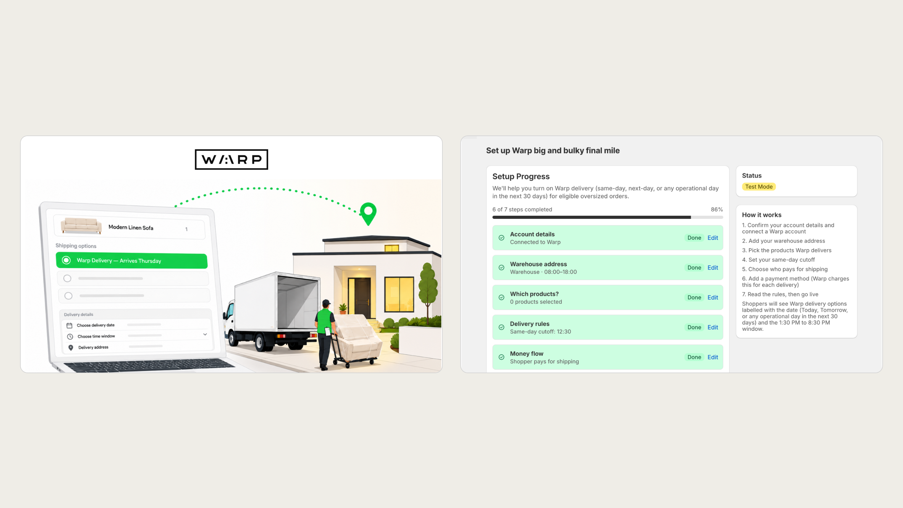 Warp Big & Bulky shopper delivery promise and merchant setup flows