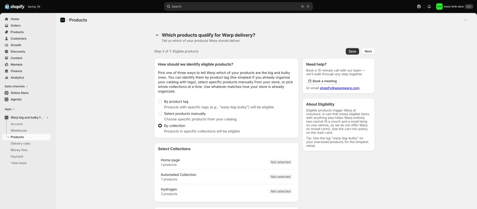 Product eligibility path based on a collection.