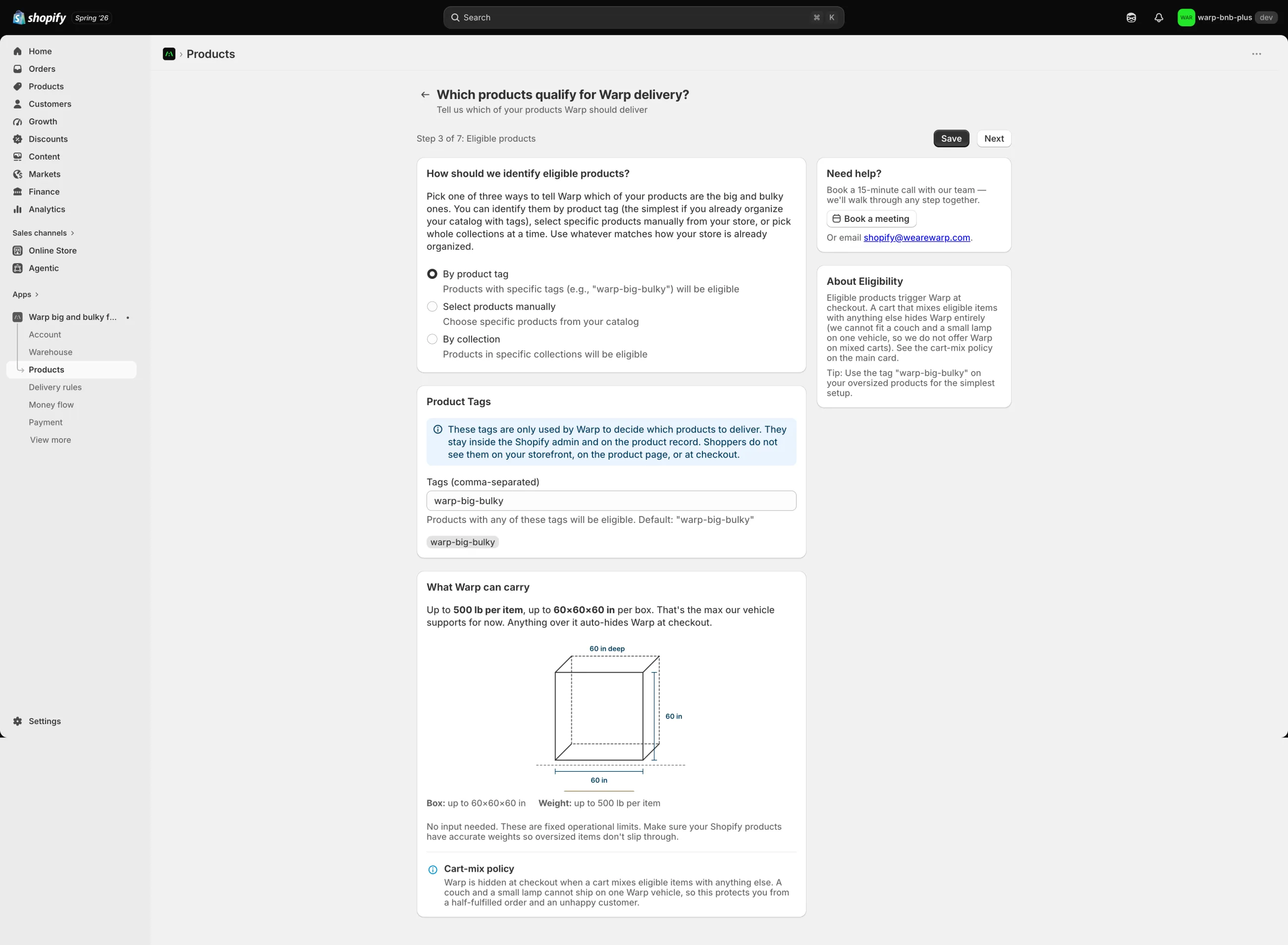 Product eligibility path based on a default tag, with size and weight limits.