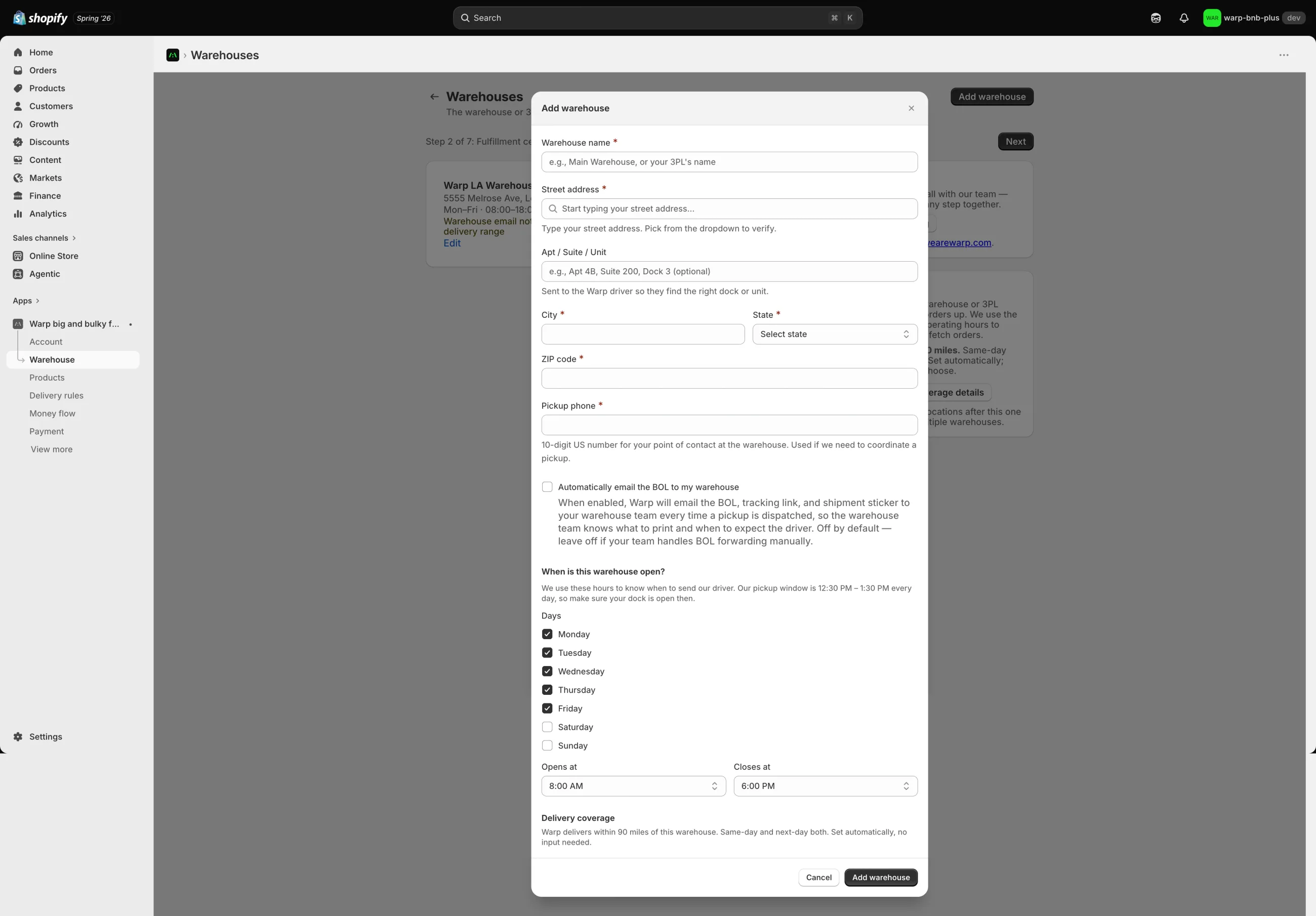 Warehouse creation form.