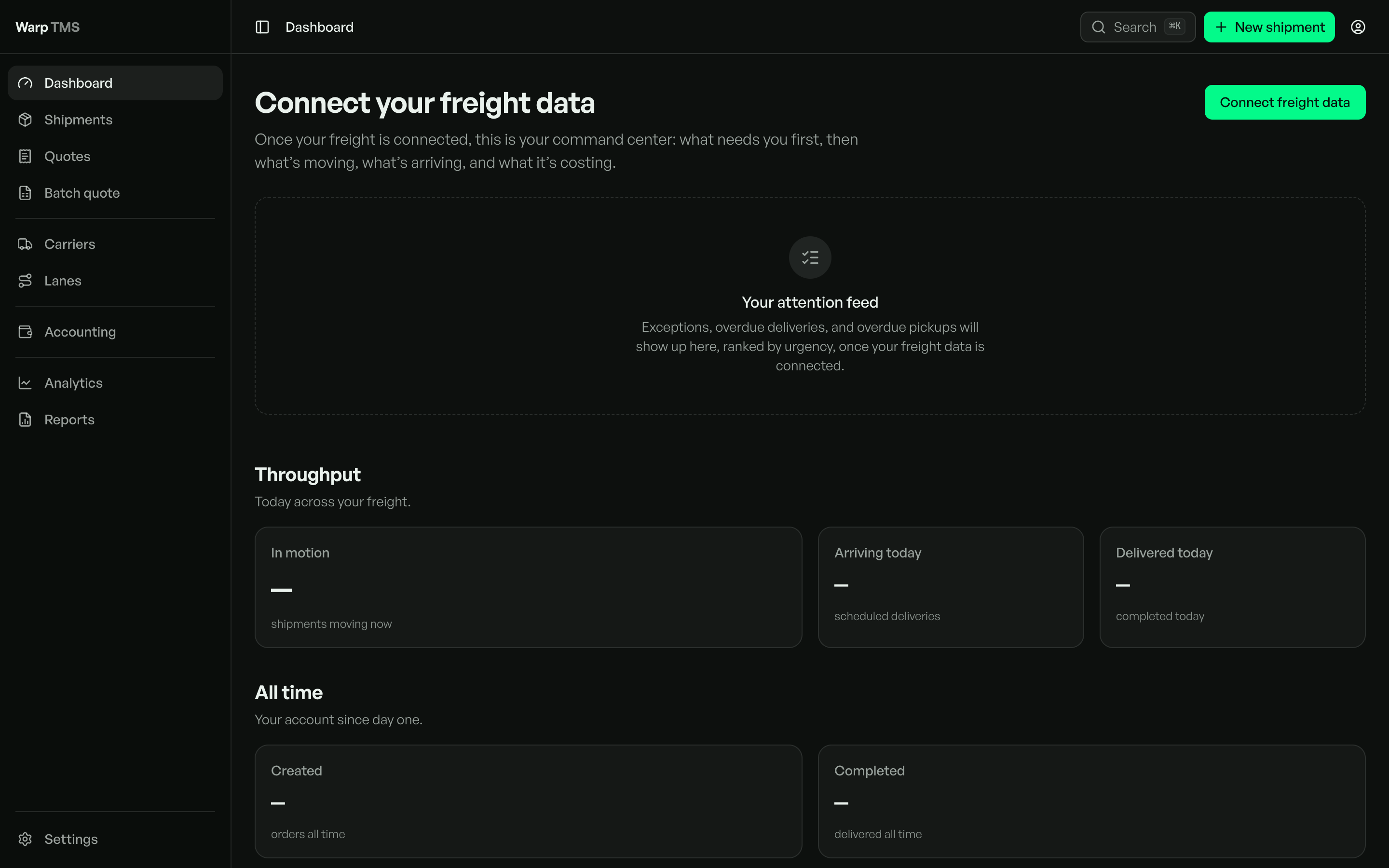 Current Warp TMS disconnected dashboard with a Connect freight data action, an explanatory attention feed placeholder, and unavailable metrics rendered as dashes.