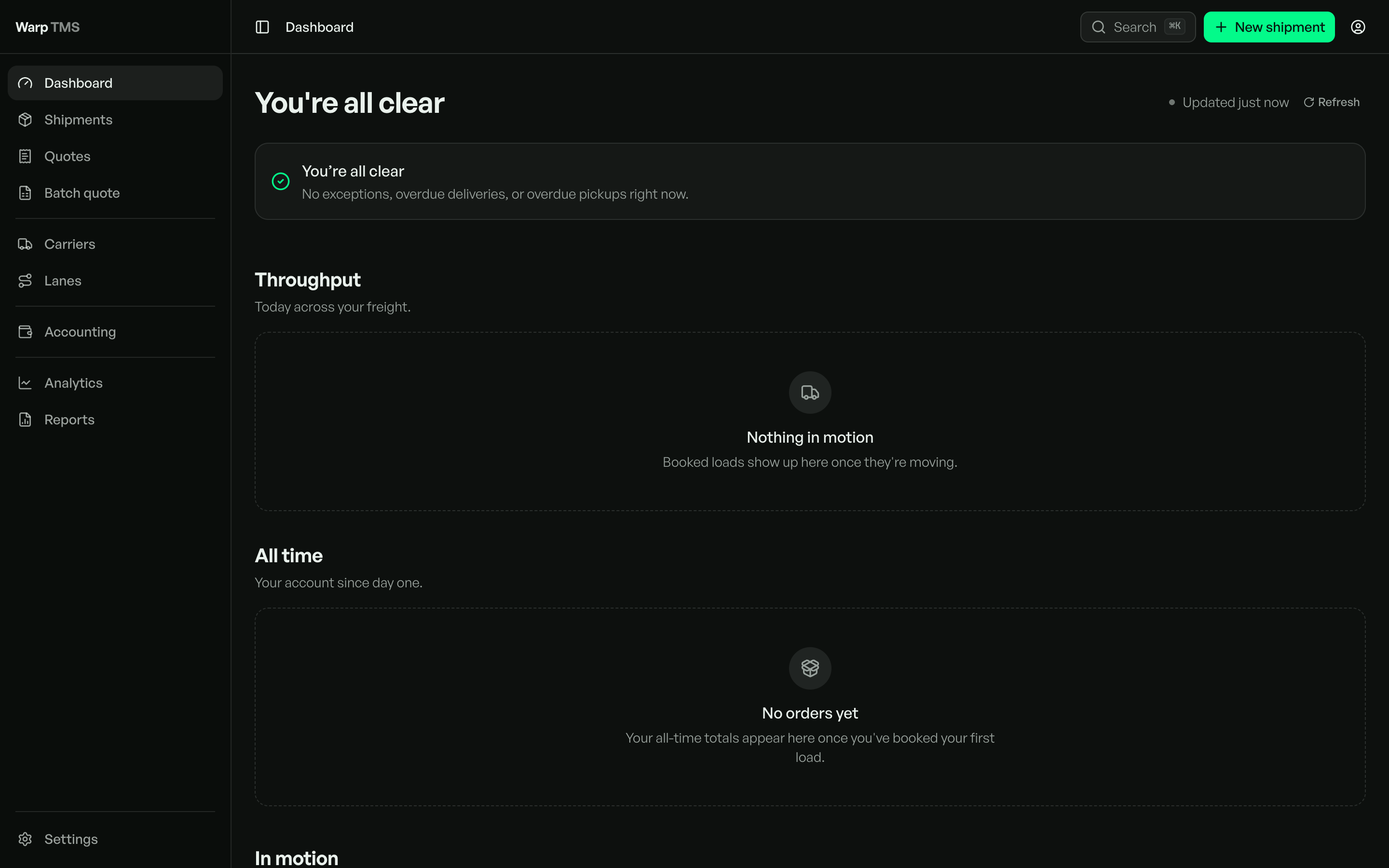 Current Warp TMS empty dashboard with an all clear message and separate explanations for no loads and no orders.