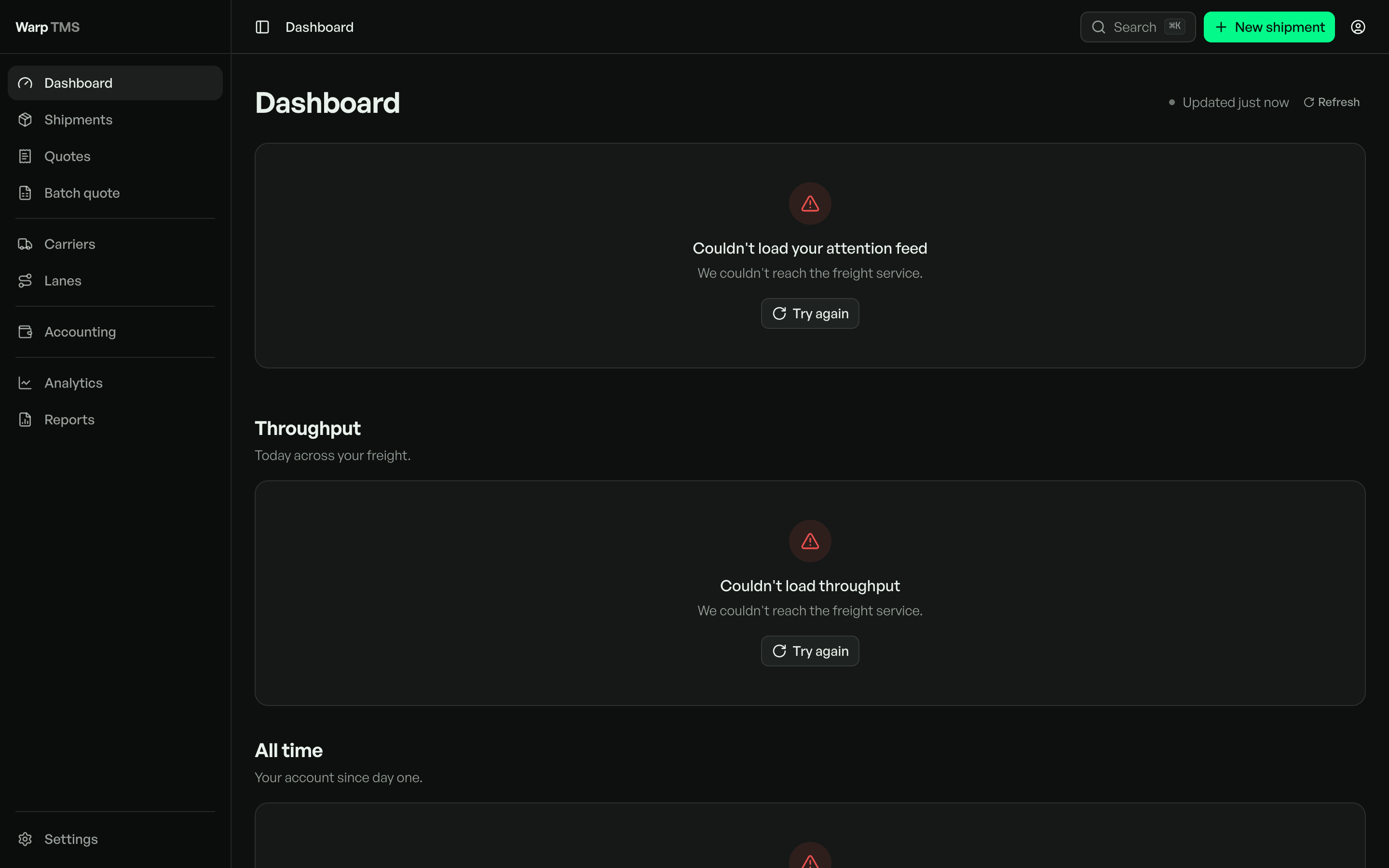 Current Warp TMS error dashboard with failure messages for each section and local retry actions while the surrounding product shell remains available.