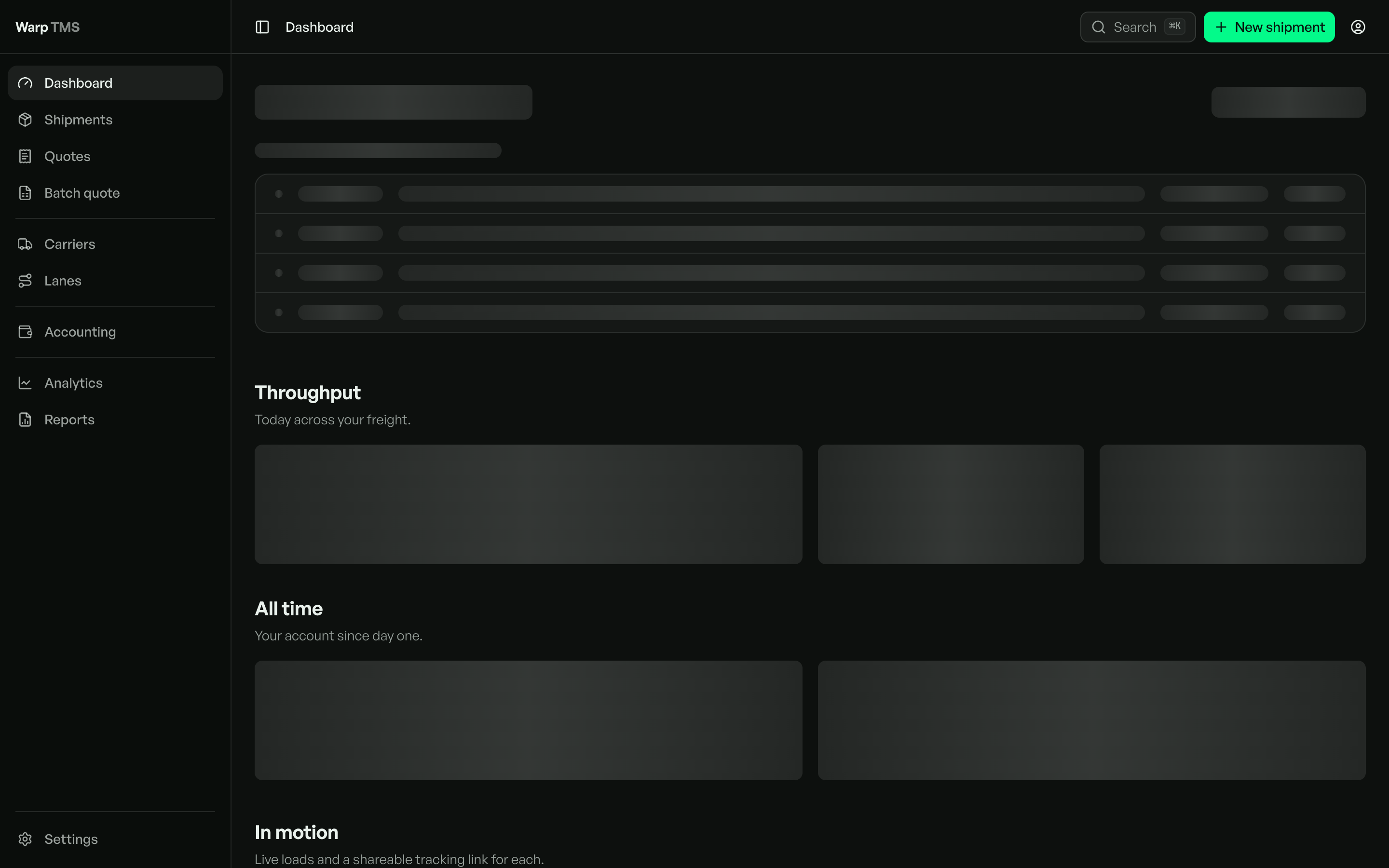 Current Warp TMS loading dashboard with skeleton rows and metric blocks that mirror the final command center layout.