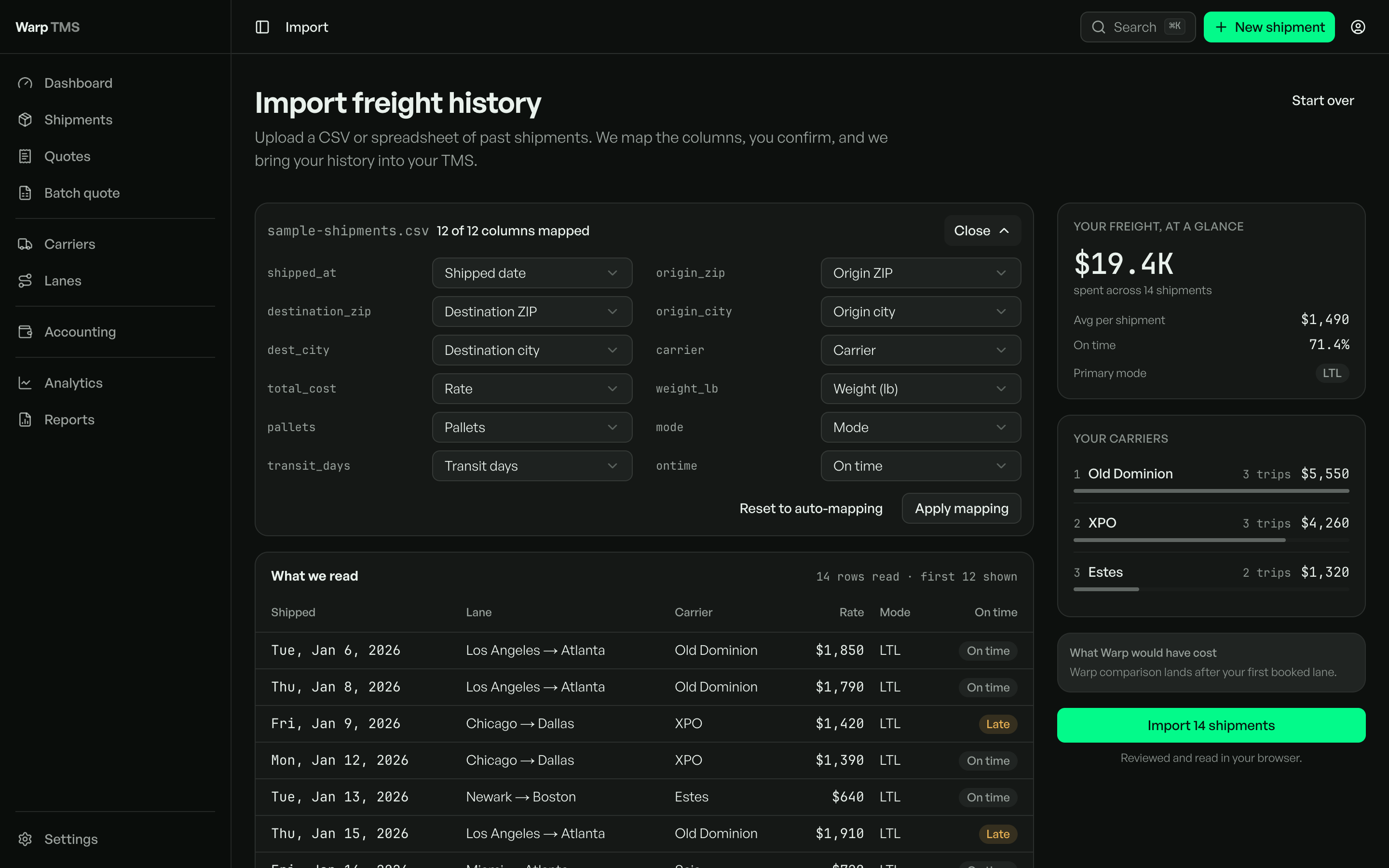 Warp TMS freight history import review with all twelve mappings exposed, editable field selectors, and a sample table.