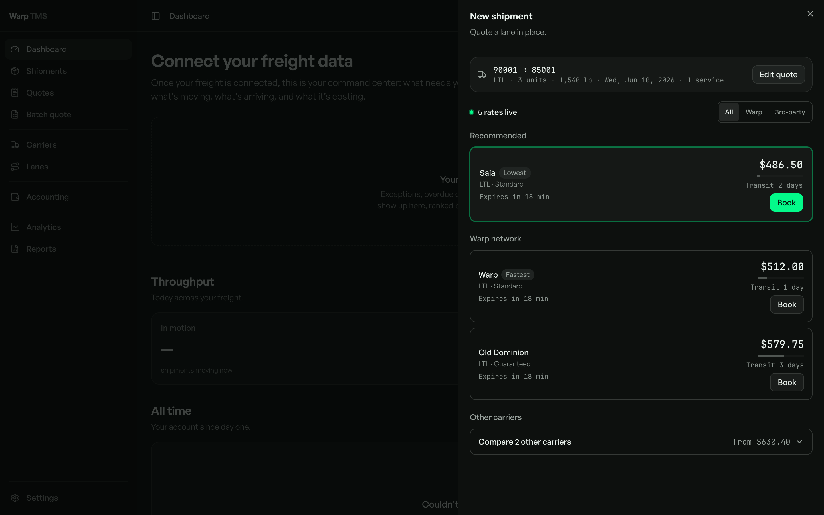 Warp TMS sheet for a new shipment with a lane summary, five rate options, recommendation logic, transit times, expiration context, and booking actions.