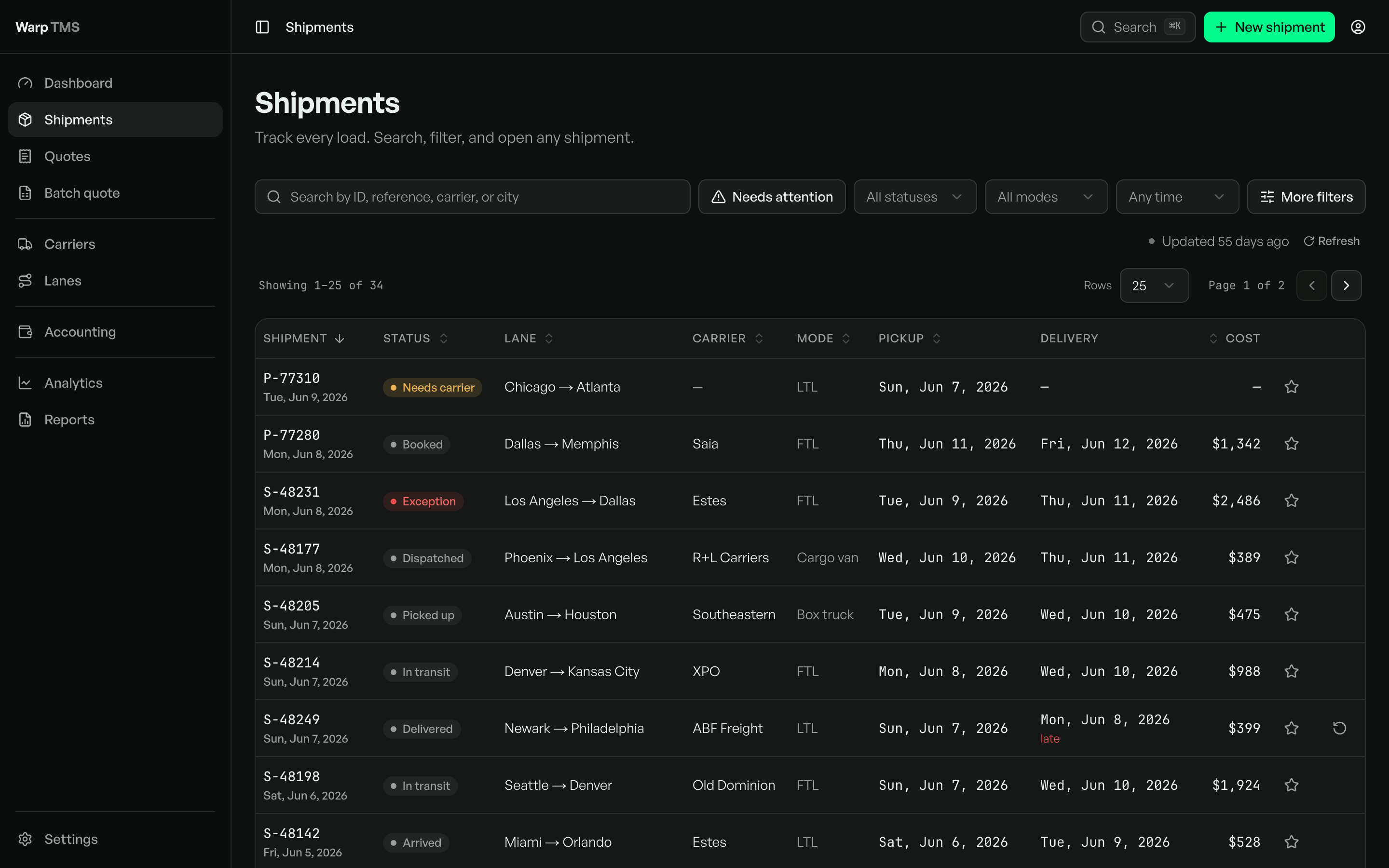 Current Warp TMS Shipments page with search, shareable filters, pagination, aligned freight fields, restrained status colors, and explicit missing values.