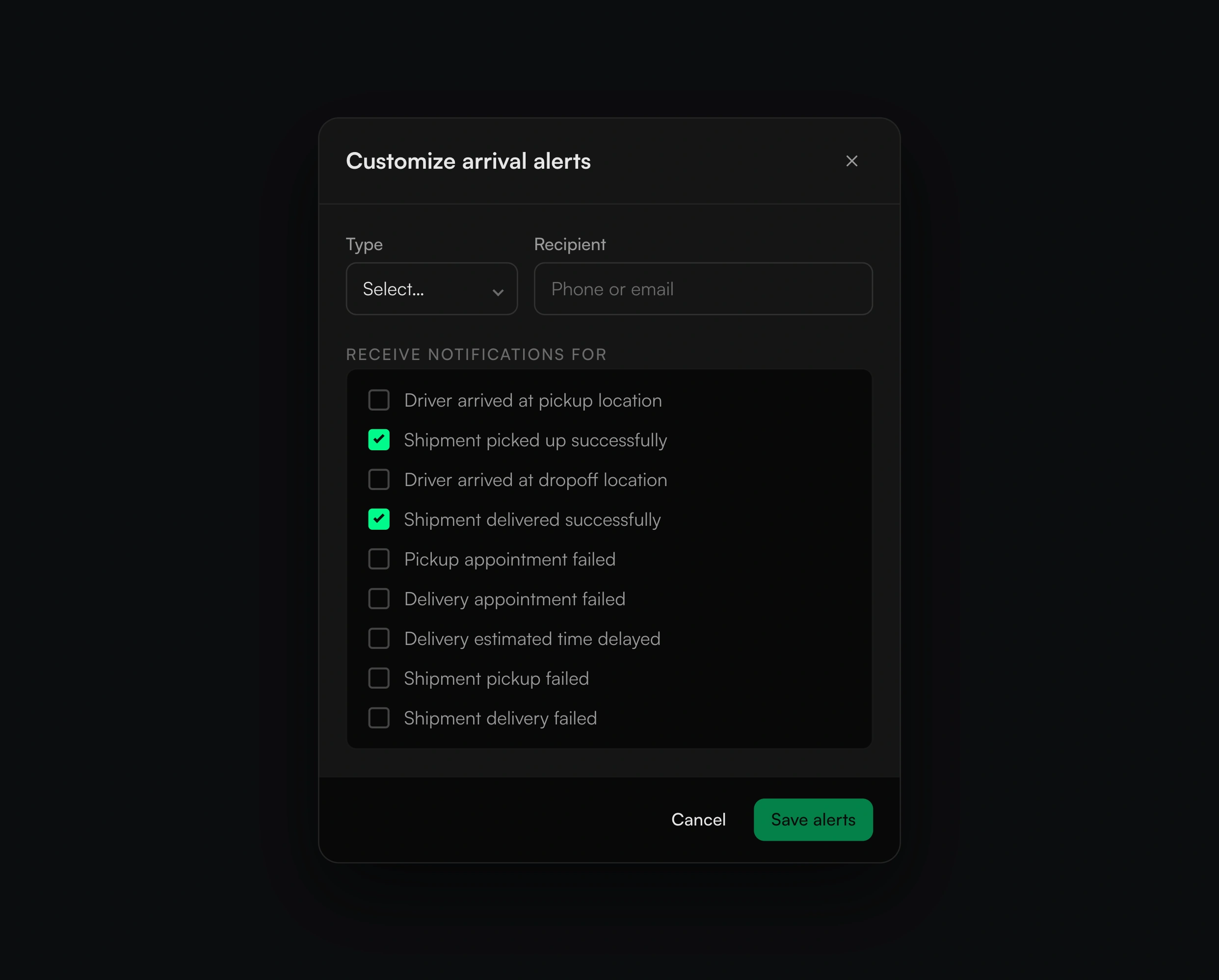 Alerts configuration modal for real shipment events.
