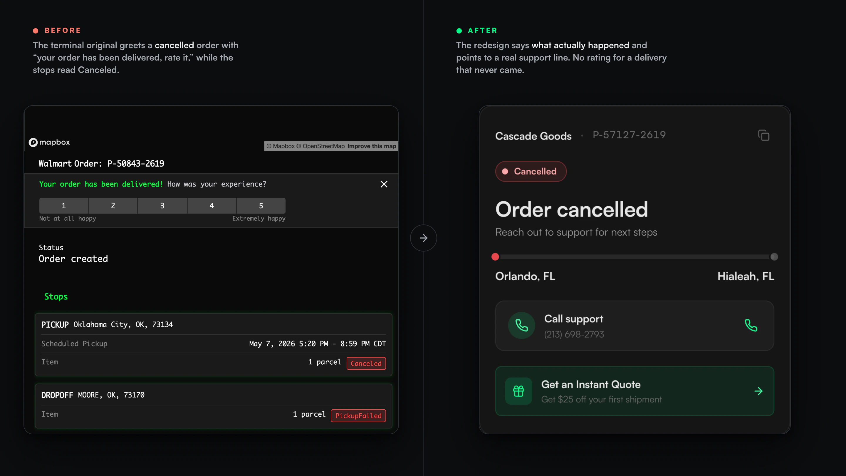 Comparison of the old green matrix tracking page with the redesigned hierarchy driven by shipment state.