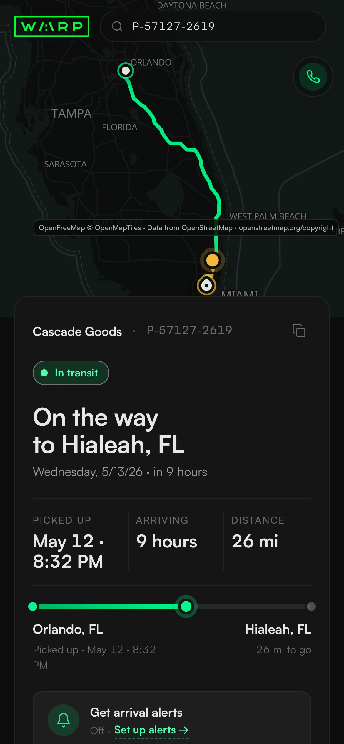 Mobile tracking page with computed status, timing, route, contextual action, and collapsed activity history.