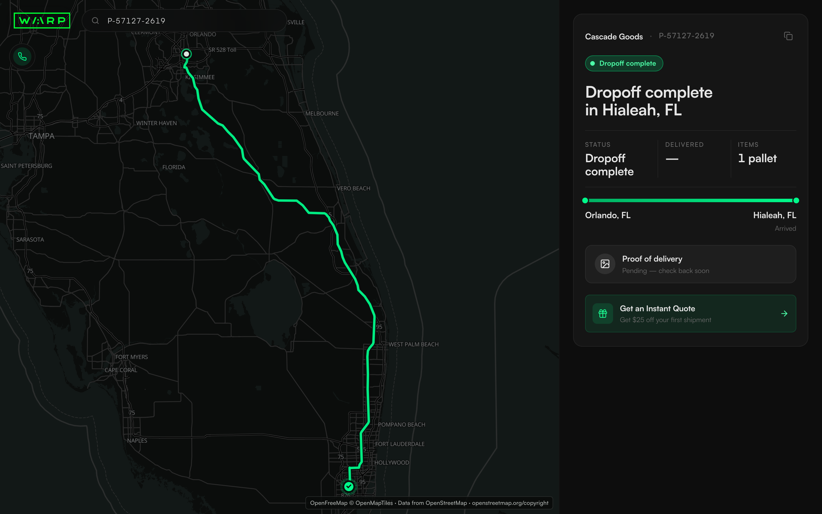Completed shipment view with a completed dropoff status, finished route, and pending delivery proof state.