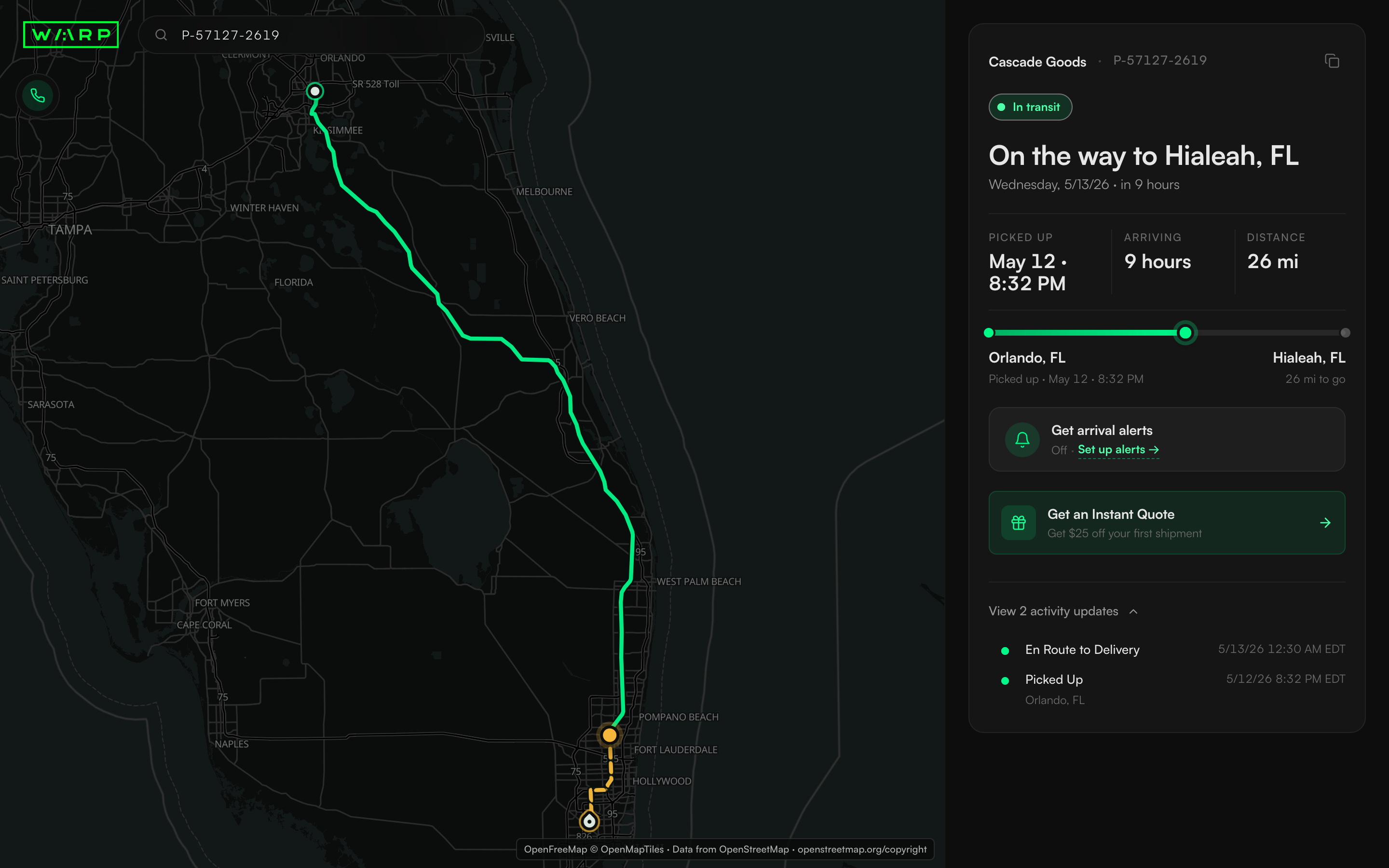 Warp Tracking shipment journey with the current state and next action