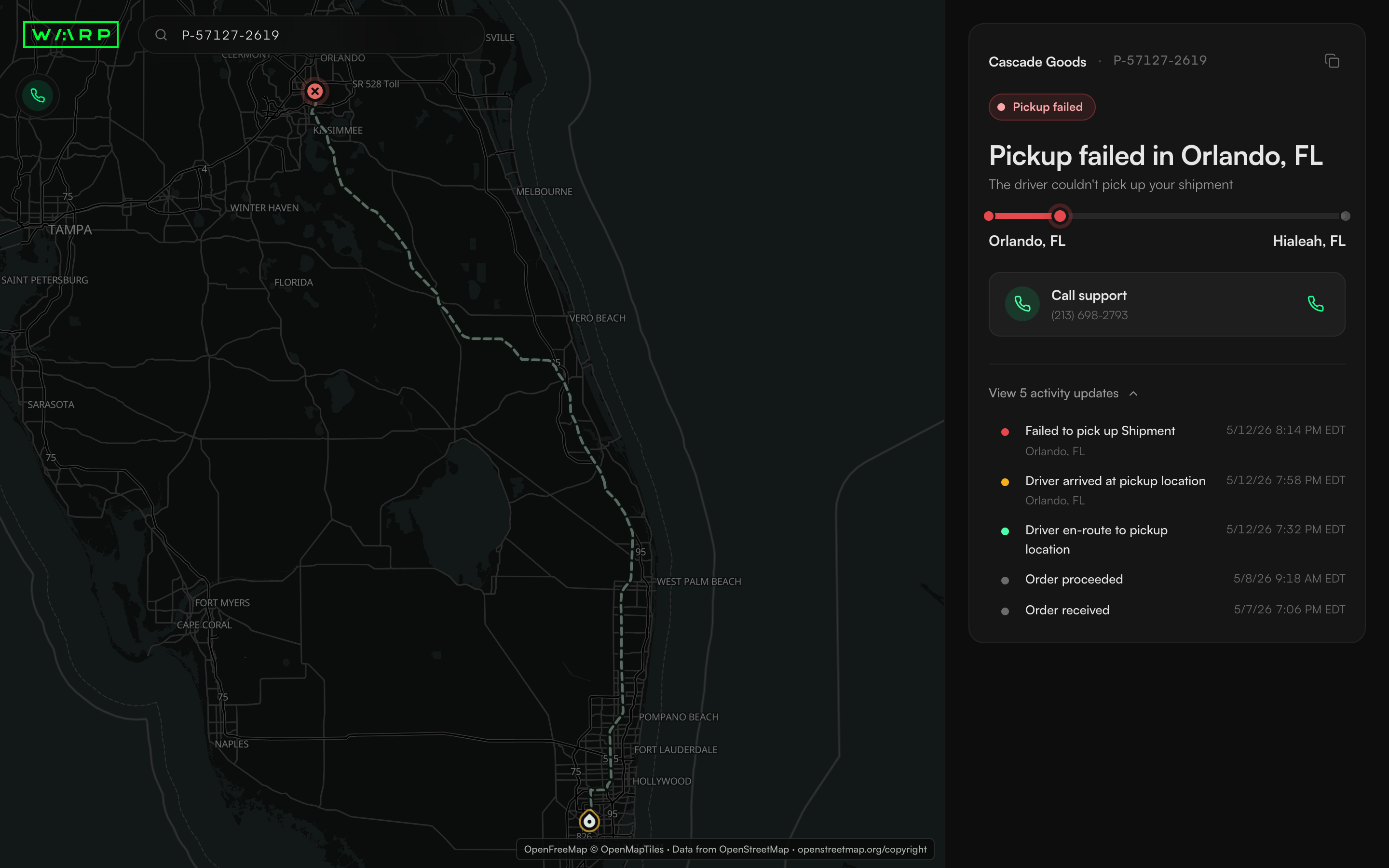 Failed pickup shipment view with a red failure status, an action to call support, and ordered activity history.