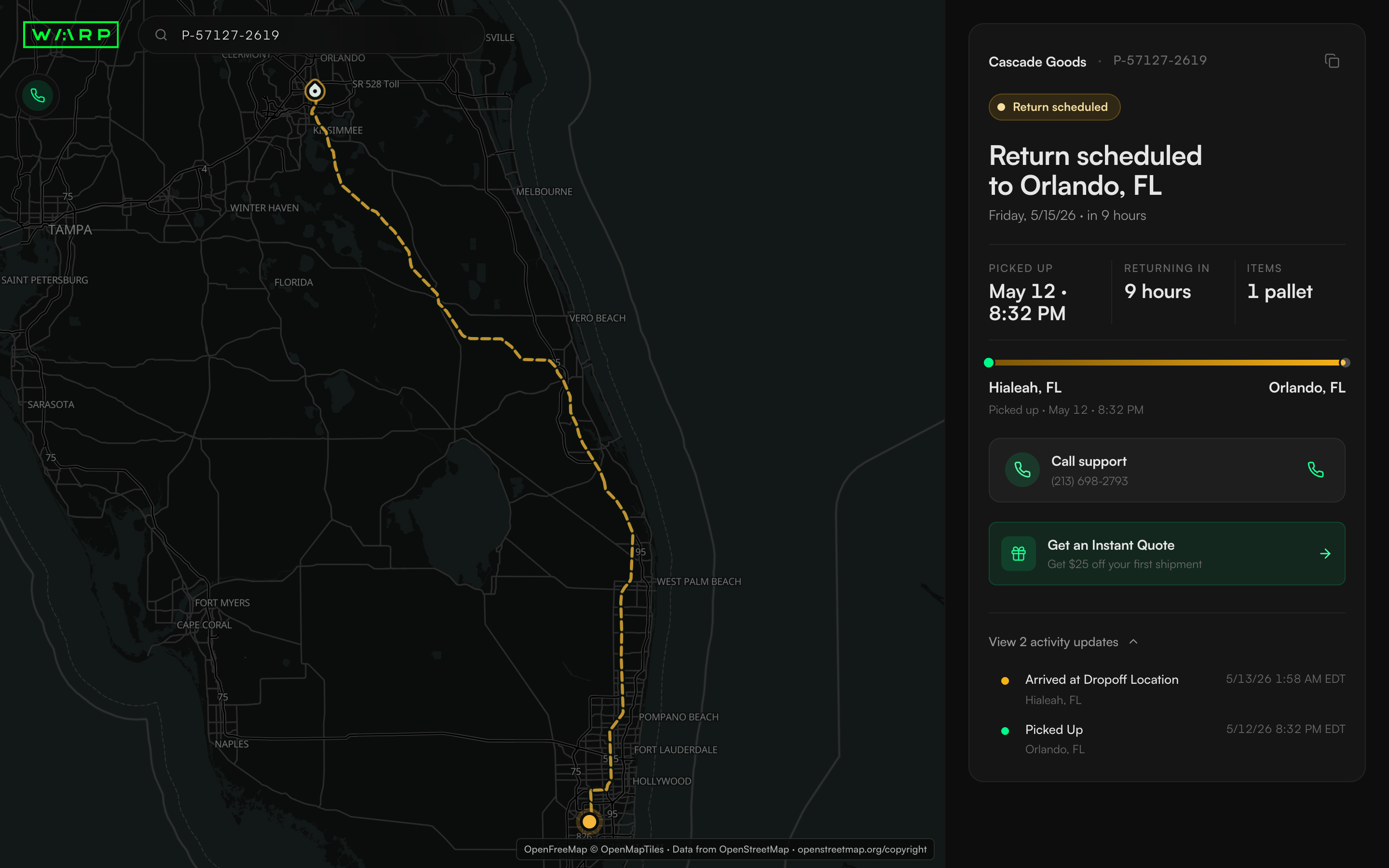 Scheduled return shipment view with a reversed route, return timing, an action to call support, and activity history.
